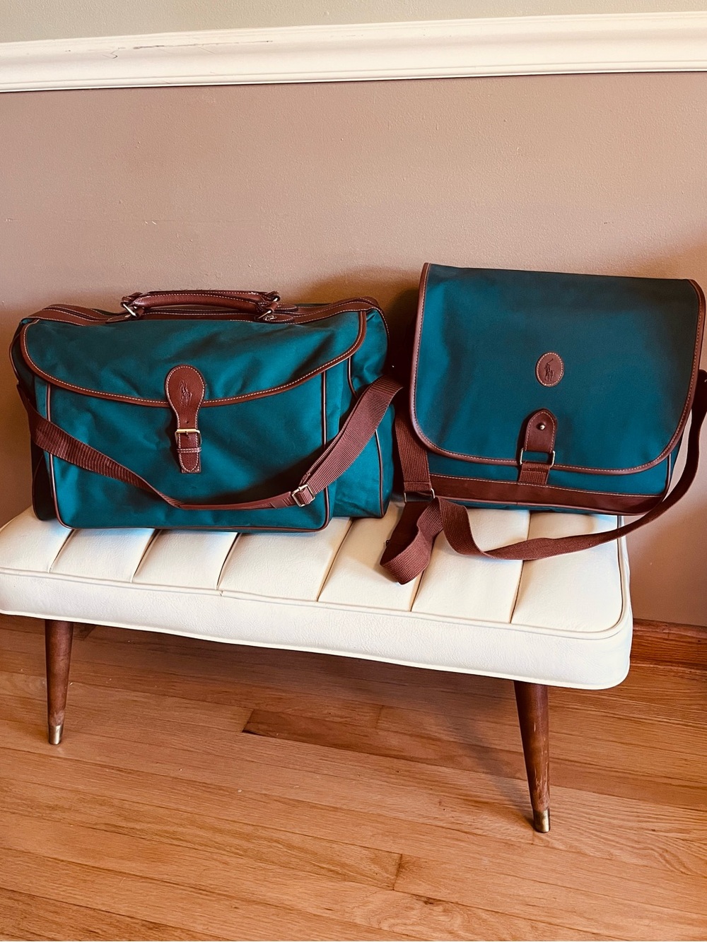 Vtg 90s Polo Ralph Lauren green Luggage Set of 2 Pieces messenger and weekender